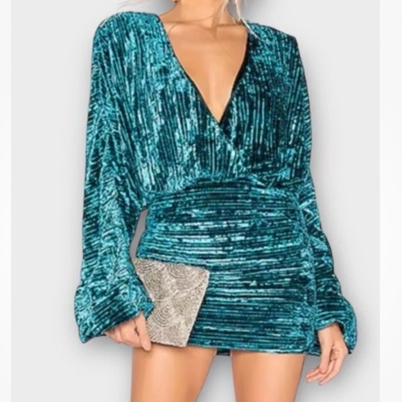 NBD Revolve Small Illusion Mini Dress ~ Velvet Teal Blue Cocktail Evening Party - Picture 1 of 10